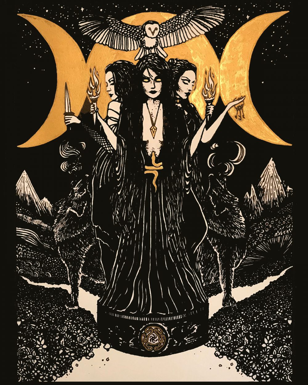 An ink drawing in black, white, and gold. Three roads intersect in the center bottom of the image and, there, is a pedestal with the symbol of Hecate on the front. On the pedestal are three women standing with their backs together, each facing one of the roads. There are wolves on either side of the front-facing figure, who is holding torches. The figure on the right is holding a set of keys and the figure on the left is holding a ritual knife. In the sky behind the figures is a triple moon symbol. There is an owl flying above the figures. The scene is set at night, and most of the illuminated edges are white, while the background is black.