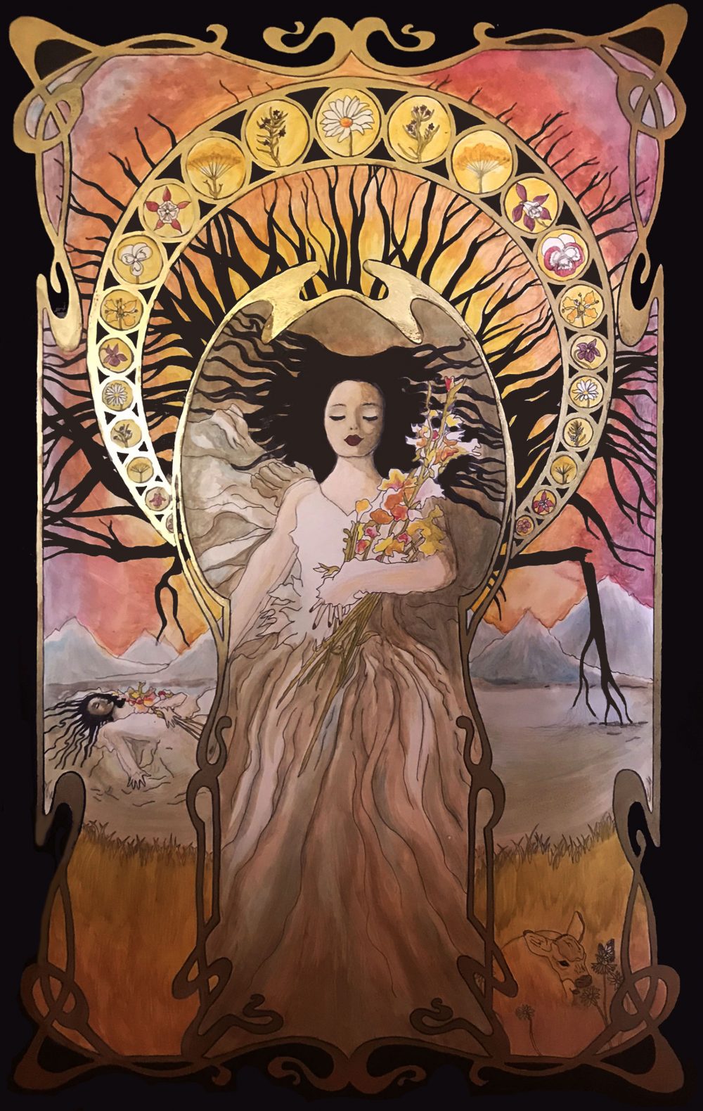 Ophelia is large in the center of the image and is floating in water, wearing a billowing white dress. This image includes art nouveau style framing around Ophelia and the background. In the background is a lake with a large willow tree with a broken branch. The branches of the willow tree are placed so they appear as a continuation of Ophelia's hair that is radiating out around her head. Around her torso is also a round art nouveau frame that includes illustrations of all of the flowers that she gave to others. The colors are bright and warm, and there is a sunset in the sky in the background. A small deer is also laying in the grass in the bottom right foreground.