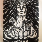 This is a black and white relief print. There is a woman's face with her eyes closed and a third eye on her forehead that is open. Above her head is a representation of firing synapses, which appear like lightening. Her hair is long and black with white highlights, and it becomes the background of the image. Below her face are Psilocybin mushrooms growing up from behind a lotus flower. Under the flower, text reads "Yes! on 109".