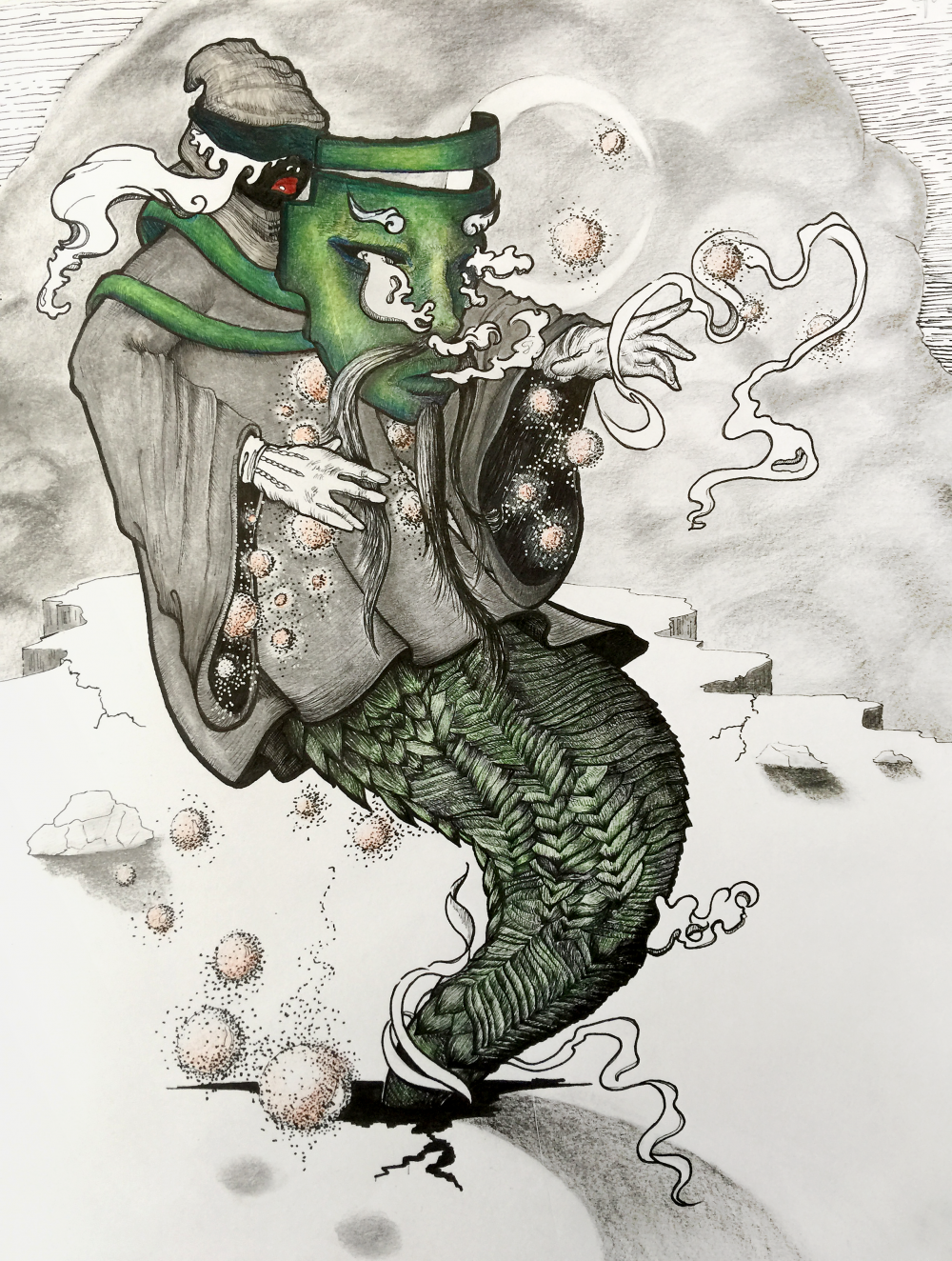 A masked character with a robe, gloves, and serpent-like body floating above a crack in the foreground, glowing orbs protrude from it's sleeves and there are grey clouds in the background.