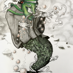 A masked character with a robe, gloves, and serpent-like body floating above a crack in the foreground, glowing orbs protrude from it's sleeves and there are grey clouds in the background.