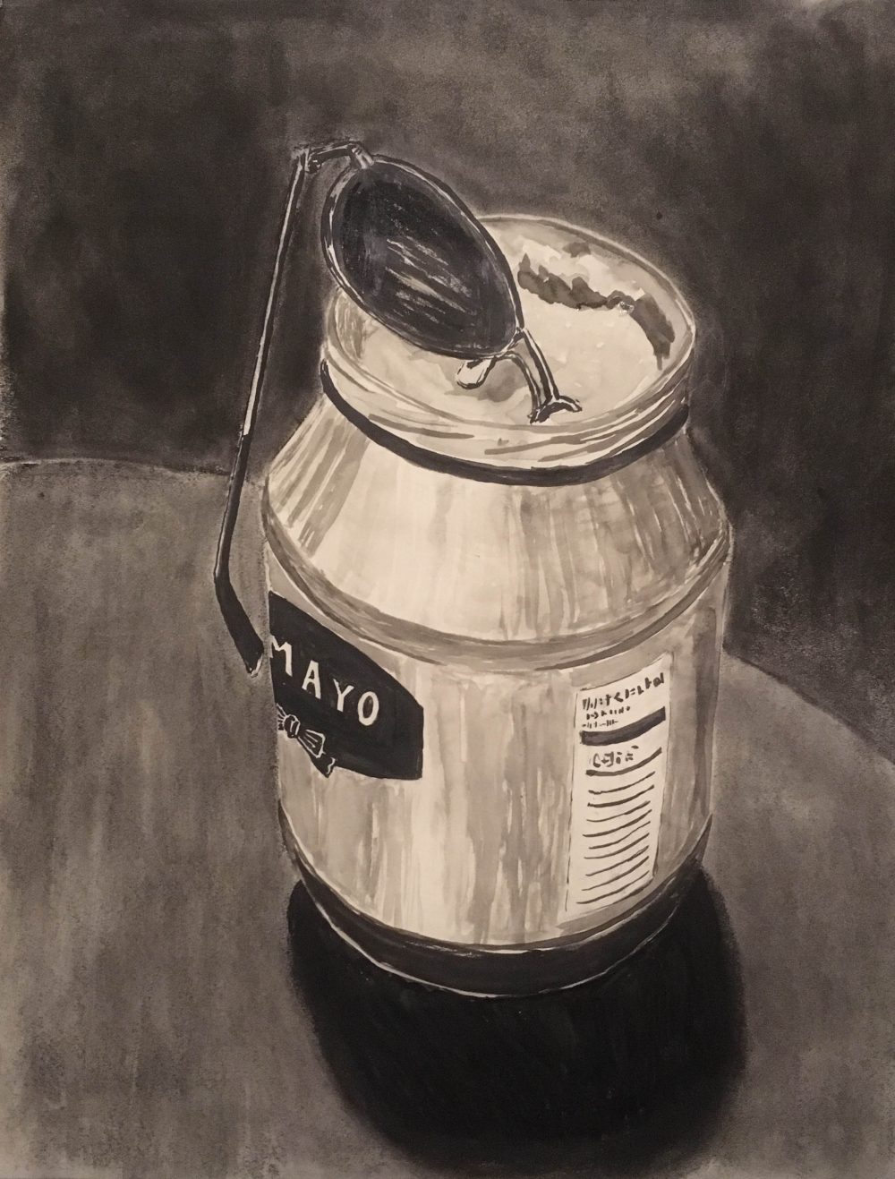 A stark, grayscale drawing depicting a full jar of mayonnaise on a tabletop, with its lid off, and a pair of aviator sunglasses half-dipped into the jar.