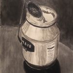 A stark, grayscale drawing depicting a full jar of mayonnaise on a tabletop, with its lid off, and a pair of aviator sunglasses half-dipped into the jar.