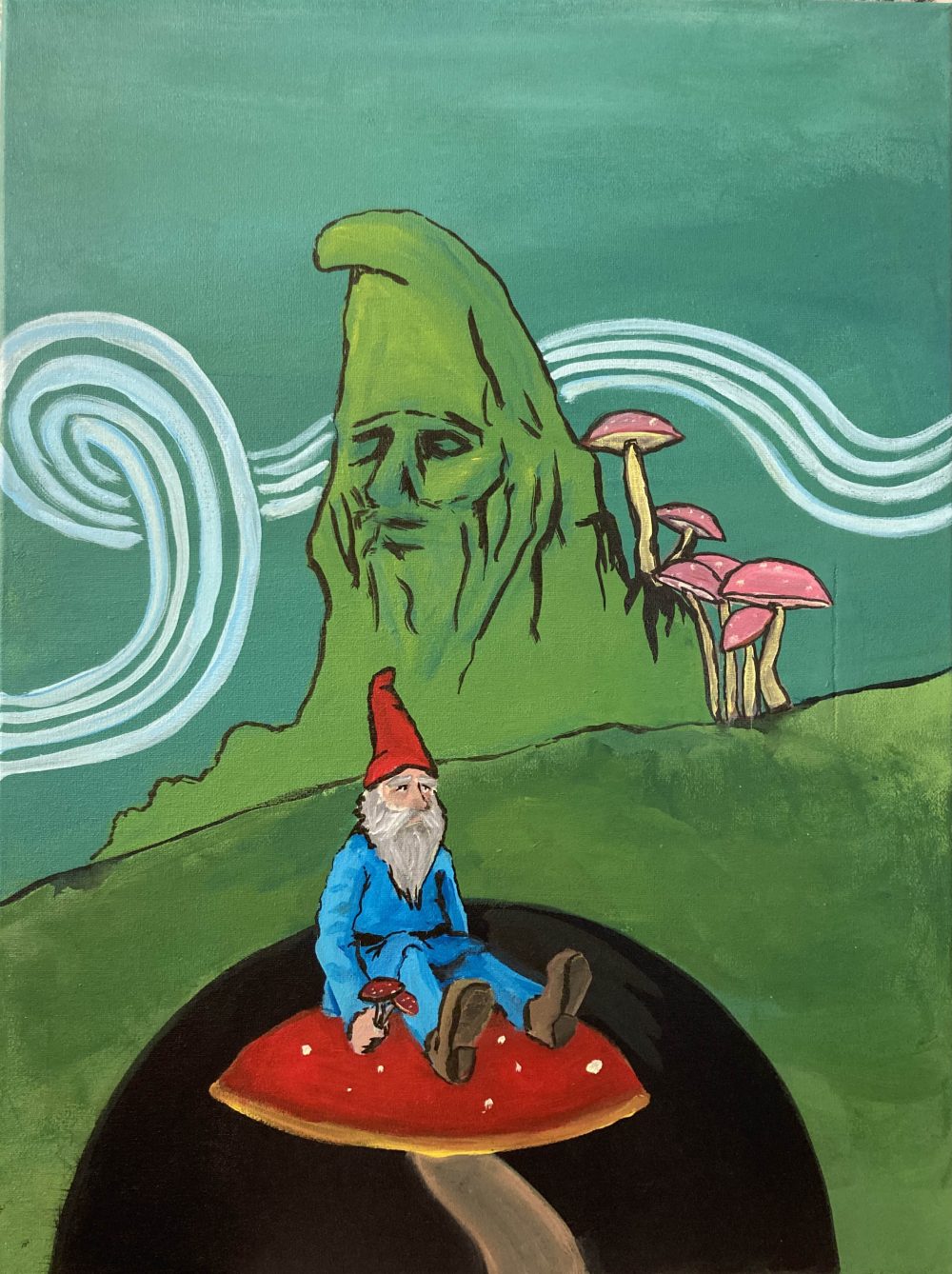 A man-sized gnome sits on an oversized mushroom cap in the mouth of a dark cave, at the bottom of a grassy slope. In the distance, enormous pink mushrooms stand on long, stilt-like stems, towering halfway up a craggy mountain, carved in the shape of a gnome's bust.