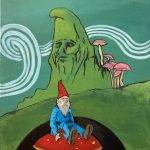 A man-sized gnome sits on an oversized mushroom cap in the mouth of a dark cave, at the bottom of a grassy slope. In the distance, enormous pink mushrooms stand on long, stilt-like stems, towering halfway up a craggy mountain, carved in the shape of a gnome's bust.
