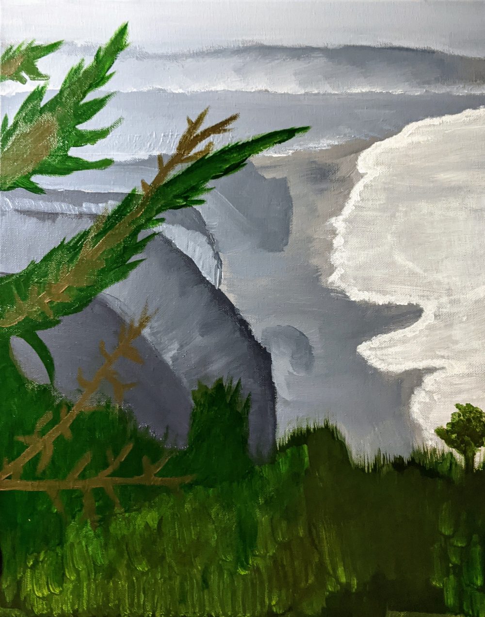 An acrylic painting of the ocean and mountains as seen from behind a plant.