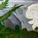 An acrylic painting of the ocean and mountains as seen from behind a plant.