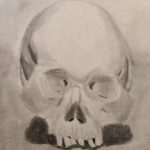 A greyscale drawing of a skull that has seen some better days.