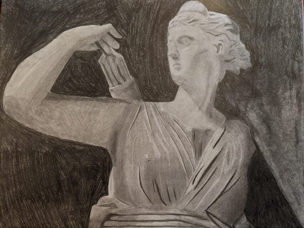 A greyscale drawing of a statue of the Goddess Artemis reaching for an arrow.