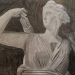 A greyscale drawing of a statue of the Goddess Artemis reaching for an arrow.