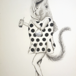 A drawing in charcoal of a bass fish head, human limbs and a fluffy cat tail, wearing a polka dot dress, high heels, and holding a purse and bubble tea.