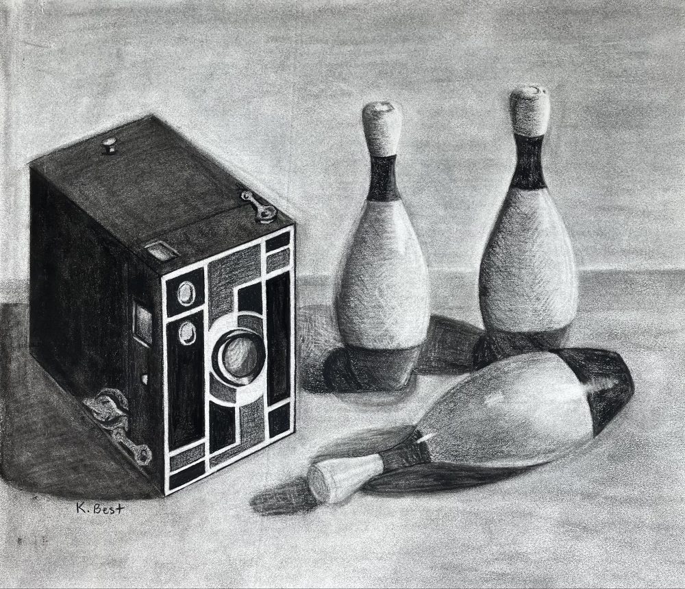 This is a charcoal drawing of a vintage box camera and three small, vintage, wooden toy bowling pins on a table.