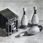 This is a charcoal drawing of a vintage box camera and three small, vintage, wooden toy bowling pins on a table.