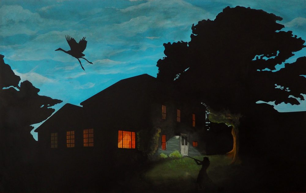 A painting of a dark landscape. The silhouette of a crane flies over a dark home with lit windows. In the foreground, the silhouette of a woman wielding a shotgun aims at the crane.