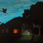A painting of a dark landscape. The silhouette of a crane flies over a dark home with lit windows. In the foreground, the silhouette of a woman wielding a shotgun aims at the crane.