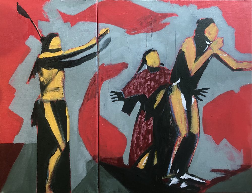 Three figures with subtle animal images in the background.