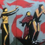 Three figures with subtle animal images in the background.