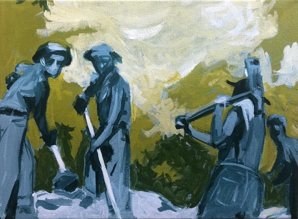 Three men in blue tones working with shovels and other tools out doors against a yellow-green and white sky.