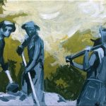 Three men in blue tones working with shovels and other tools out doors against a yellow-green and white sky.