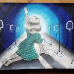 A painting of a woman patient in a narrow blue hallway wearing a teal hospital gown with tubes attached to her from six IV bags, kneeling to the floor with her back facing us and reaching for the light.