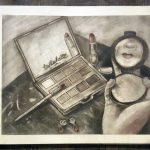 A drawing in graphite with red and brown undertones, a hand of a woman looking at a mirror that is reflecting her lips in a foreground, her eyeshadow kit with a brush, her red earrings in front of it, and an open lipstick behind the kit in a middle ground on a table, and an empty background.