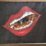 A black background drawing with a giant red-colored mouth opening up, revealing a brown-colored cave with an explore staring out facing the viewer.