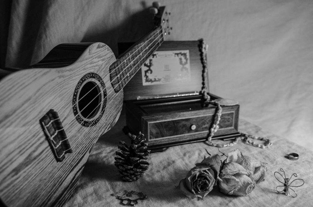 A black and white photograph of objects on a surface: ukulele, pine cone, music box, dry roses, ring, serotonin necklace, butterfly brooch, sand dollar, shell necklace.