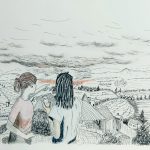 A drawing of two people looking at fires in a distance in a landscape.