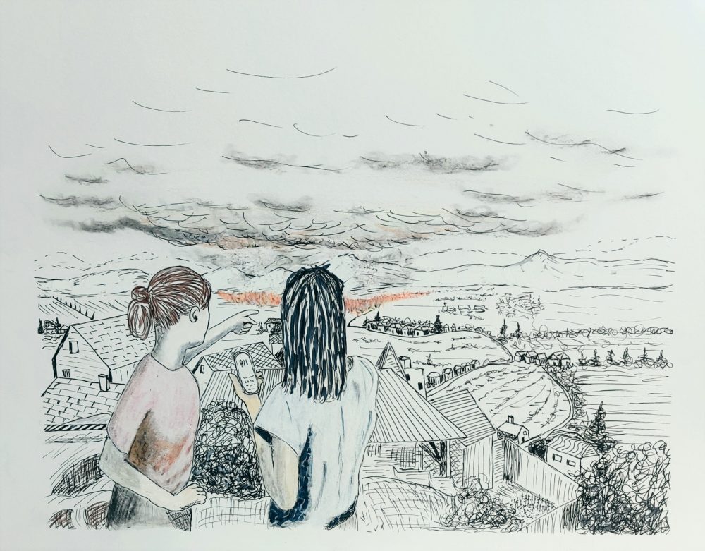 A drawing of two people looking at fires in a distance in a landscape.