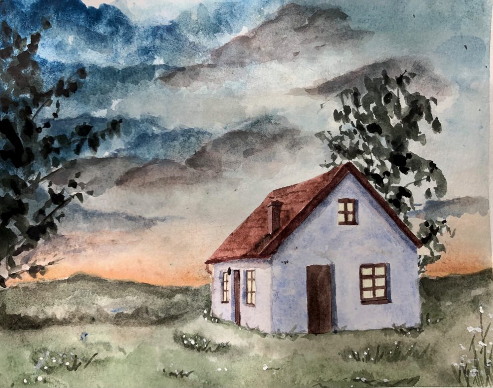 A watercolor Painting of a white house with red roof in a field with trees silhouetted against a cloudy sky at sunset.