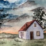 A watercolor Painting of a white house with red roof in a field with trees silhouetted against a cloudy sky at sunset.