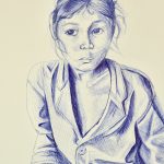 Portrait of a girl in blue ink wearing a coat and with her hair blowing in wind on a white background.