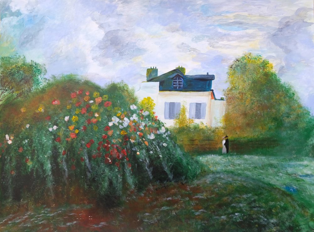 Painting of house with large bushes, with one bush in front covered with flowers. There is a beautiful cloudy, textured sky in the background.