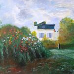 Painting of house with large bushes, with one bush in front covered with flowers. There is a beautiful cloudy, textured sky in the background.