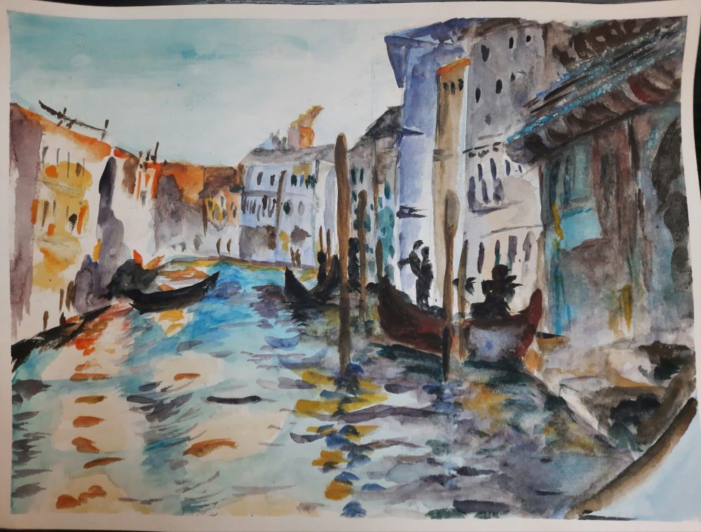 A child stands in the foreground looking at a whale floating in a red sky, trees can bee seen in the mid-ground.