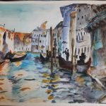 A child stands in the foreground looking at a whale floating in a red sky, trees can bee seen in the mid-ground.