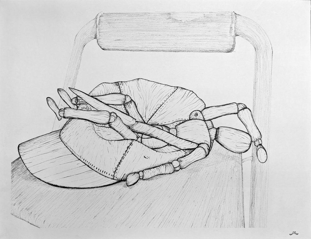 An ink drawing of a knife and wooden doll making a fainting gesture inside of a concaved baseball cap on the seat of a chair.