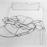 An ink drawing of a knife and wooden doll making a fainting gesture inside of a concaved baseball cap on the seat of a chair.