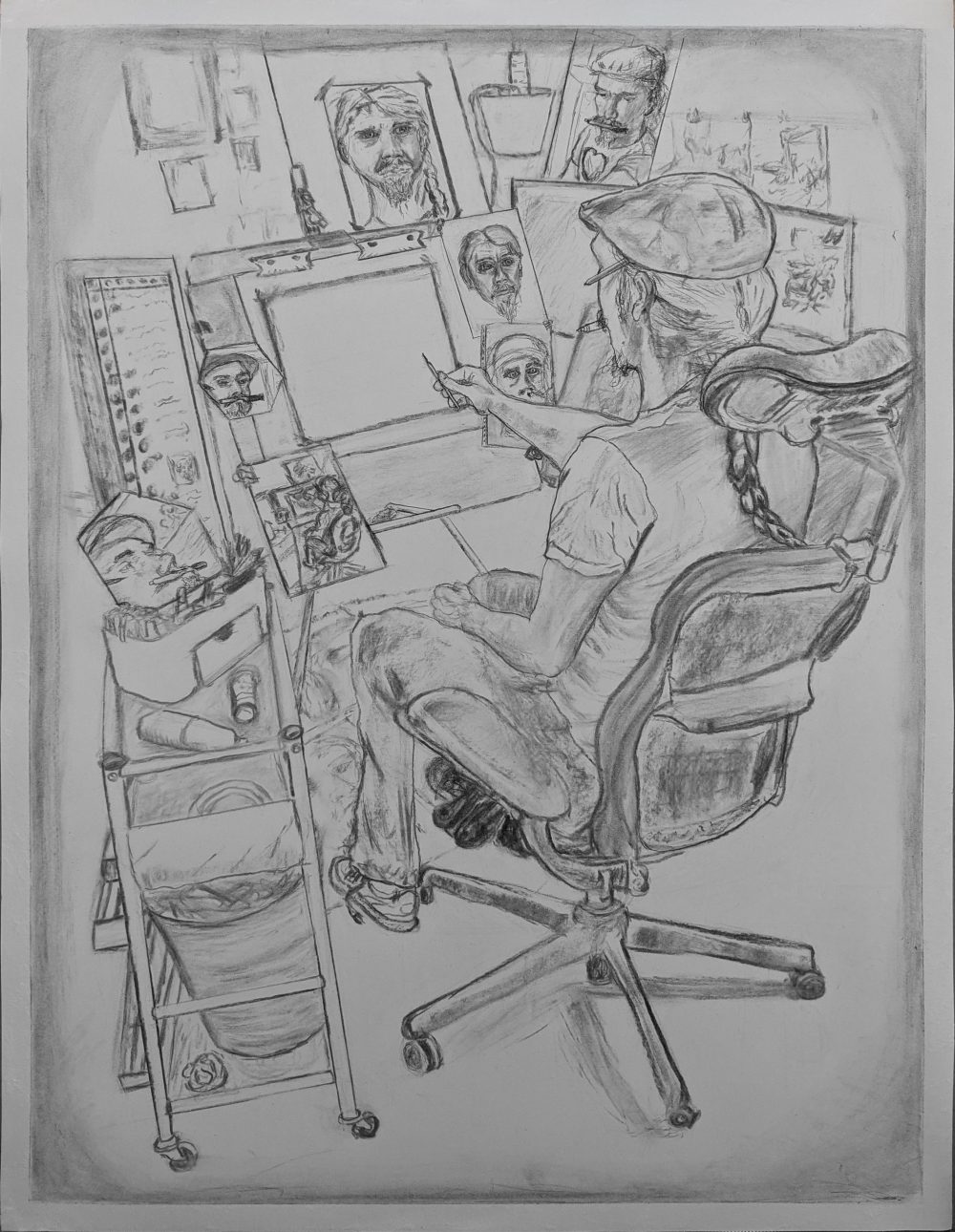Artist with pencil at canvas with various portraits of (and mirrors angled at) their face, as well as a duplicate of this drawing inside this drawing... there's a lot going on here.
