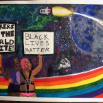 Two people standing in front of a rainbow in a galaxy with two spaceships. Holding signs that say "Workers of the World Unite" and "Black Lives Matter".