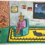 A bear in a nightgown sits in an overstuffed chair in his comfy living room with his cat on the rug, a fire going in the fireplace on the left, pictures hanging on the wall behind him, and his window showing a nighttime scene of moon and stars. He says "Life sucks" and his cat replies, "Word."