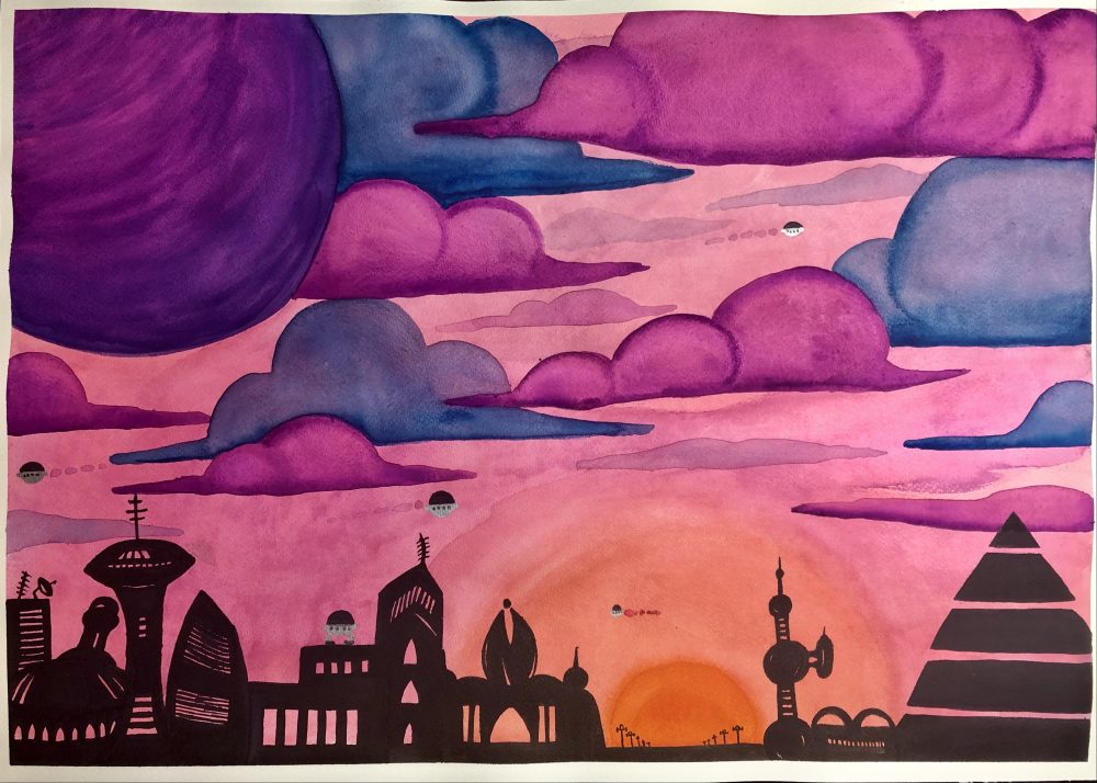 A bright orange sun sets on the horizon, the silhouetted forms of alien buildings surrounding it in the foreground; dark blue and magenta clouds hang in the air, with a large purple planet looming in the top left corner, with spaceships whizzing by throughout the scene.