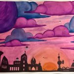 A bright orange sun sets on the horizon, the silhouetted forms of alien buildings surrounding it in the foreground; dark blue and magenta clouds hang in the air, with a large purple planet looming in the top left corner, with spaceships whizzing by throughout the scene.