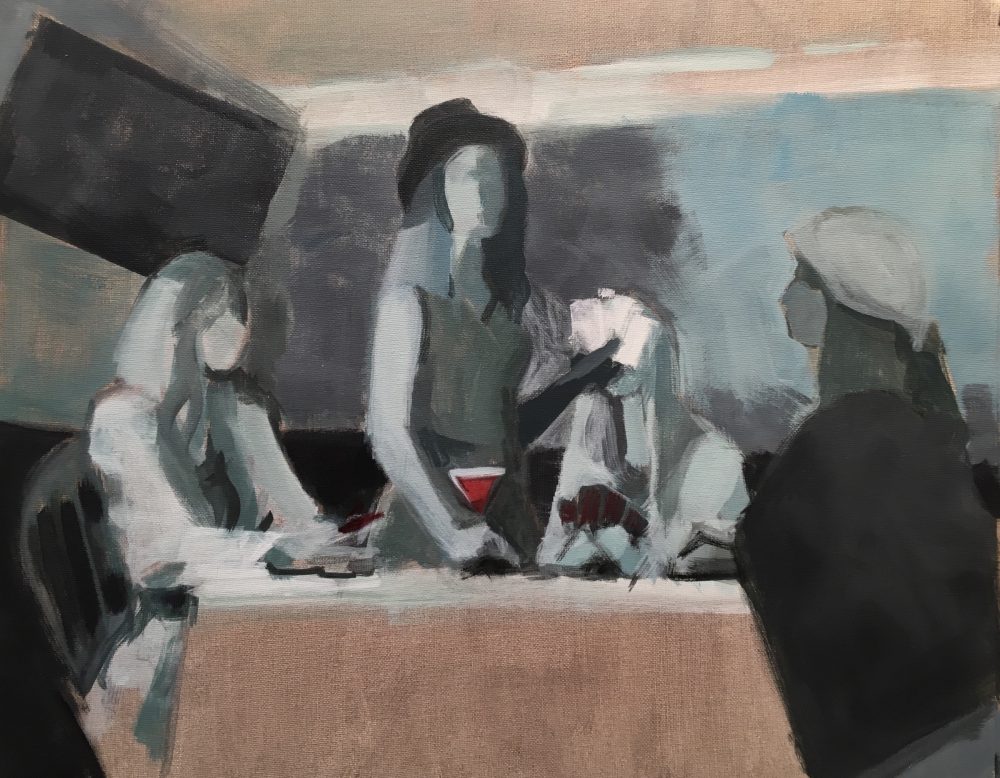 A painting in which four people are sitting at a table; three are playing cards.