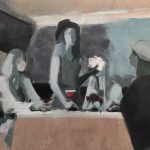 A painting in which four people are sitting at a table; three are playing cards.