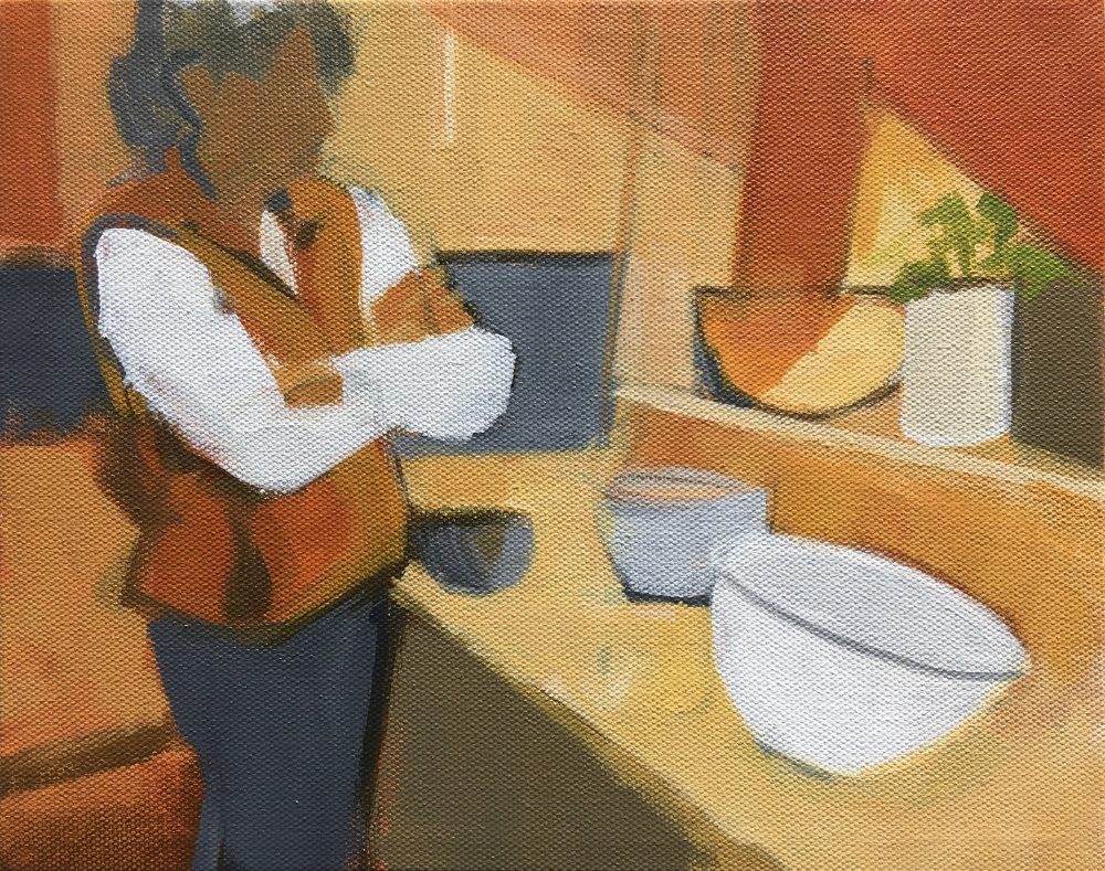 A painting of a person standing in a kitchen, with arms crossed, looking at a tilted bowl on the counter.