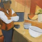 A painting of a person standing in a kitchen, with arms crossed, looking at a tilted bowl on the counter.