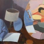 A painting of a man dressed in a shirt and tie leaning against a bedroom wall, asleep.