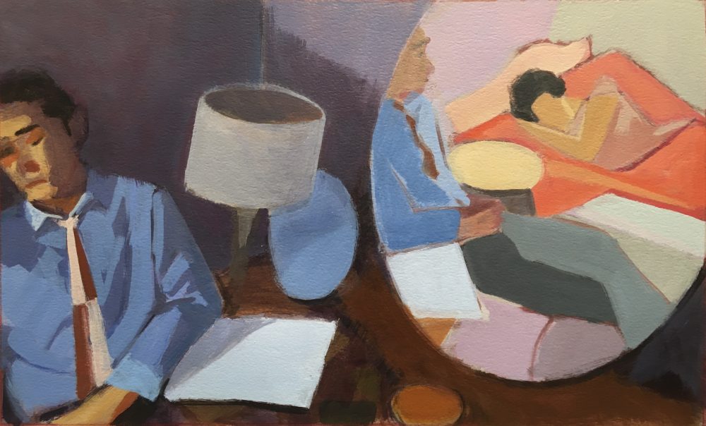 A painting of a man dressed in a shirt and tie leaning against a bedroom wall, asleep.