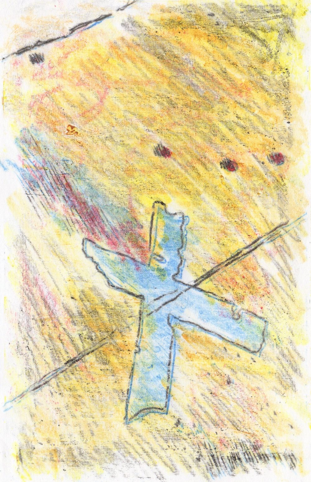 A drawing with expressive colorful marks depicting a blue x.